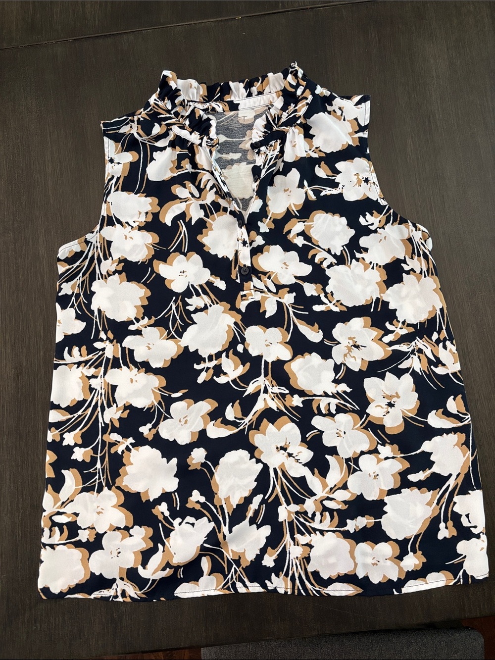 LOFT Navy Floral Sleeveless Ruffle-Neck Office Blouse